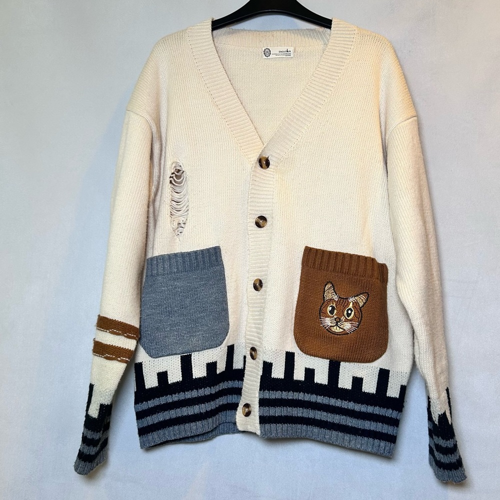 Enguolin Cat Pocket Oversized Cardigan  Cream Knit Distressed Indie Twee Size XL